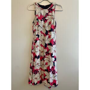 Ann Taylor Size 2 Beige Pink Navy Blue Linen Blend Floral Dress Sleeveless Midi